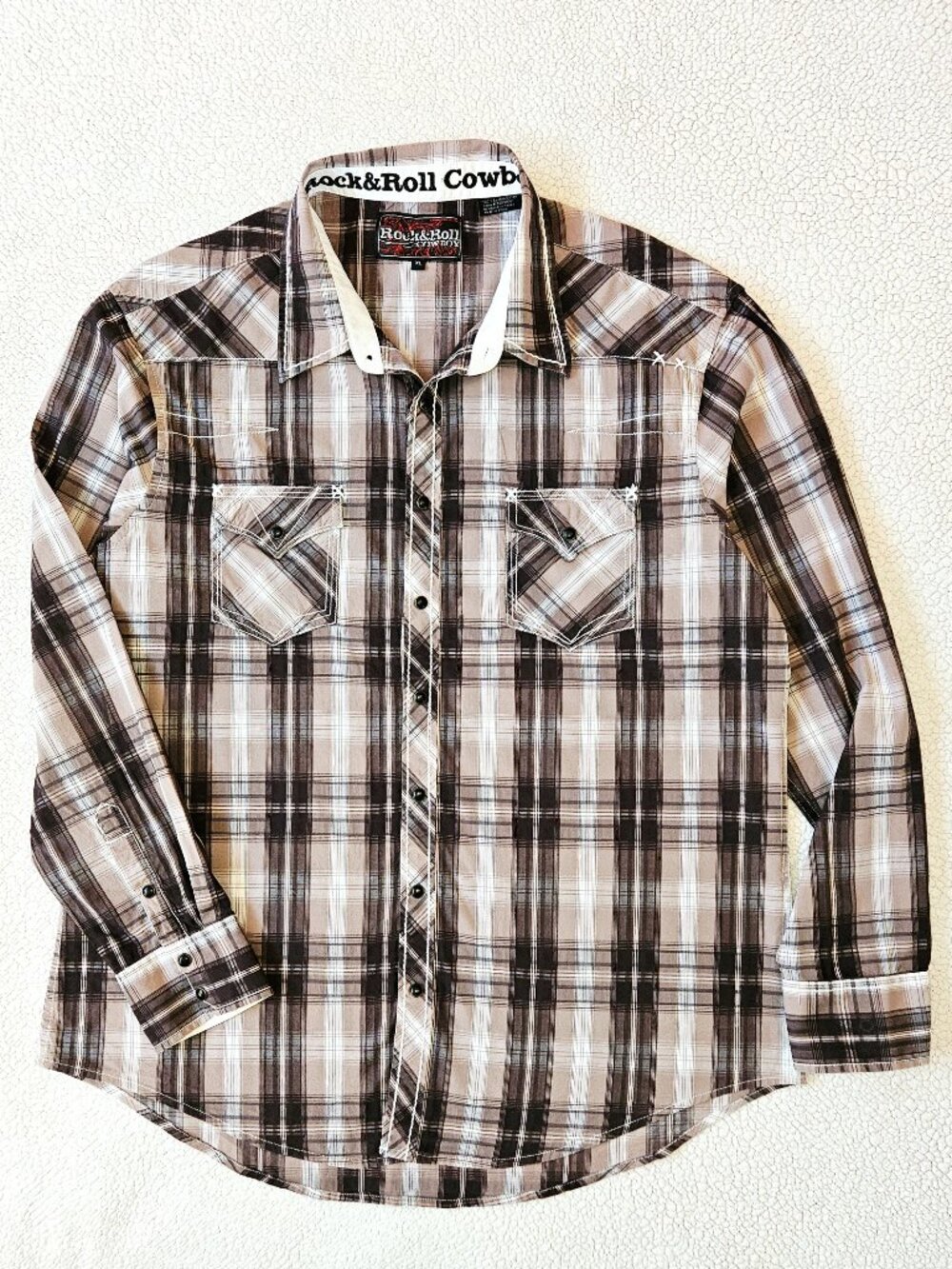 Rock & Roll Cowboy Men's Long Sleeve Shirt Plaid Western Pearl Snap Brown XL